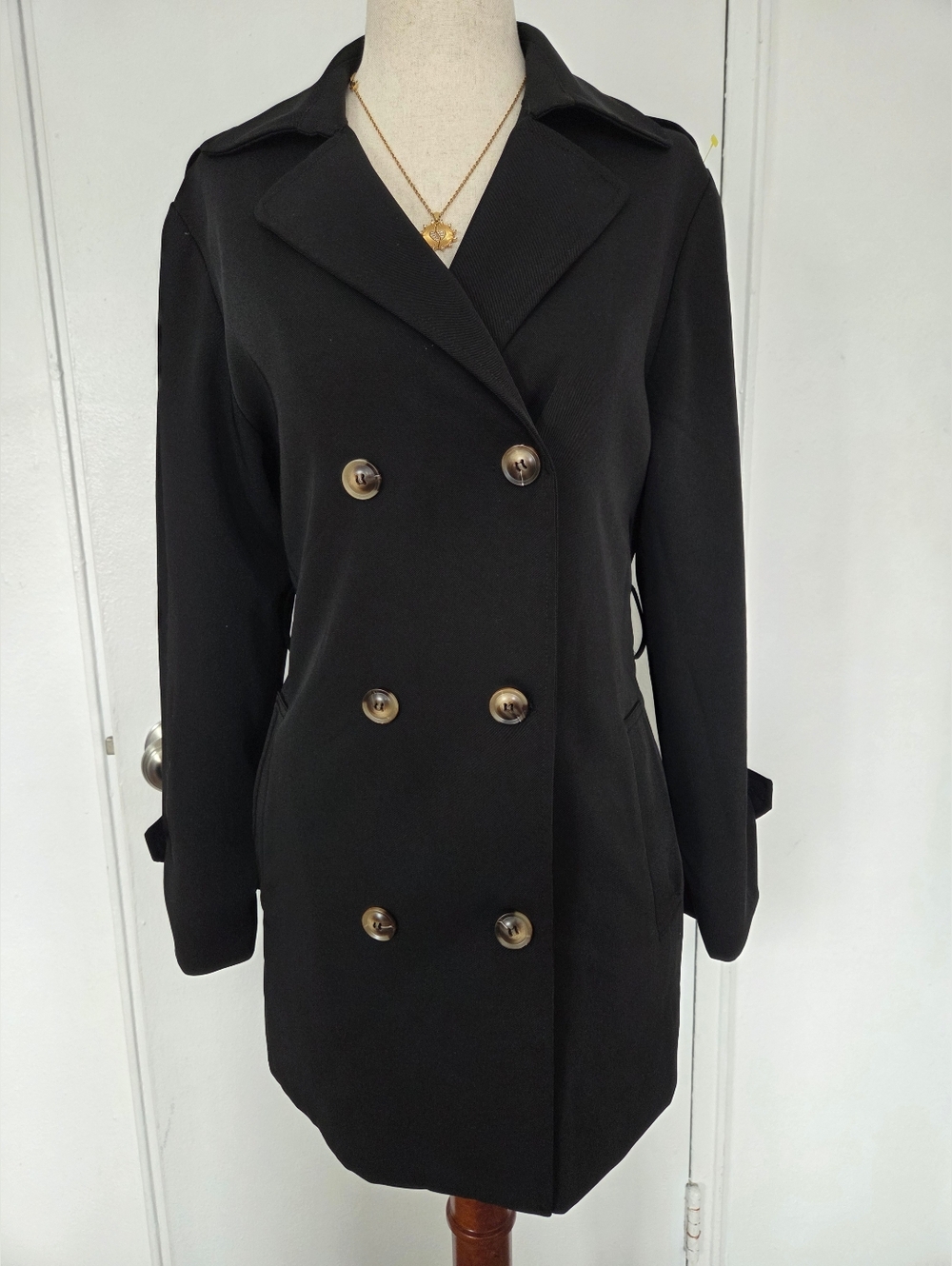Women's Black Double-Breasted Trench Coat with Gold Buttons